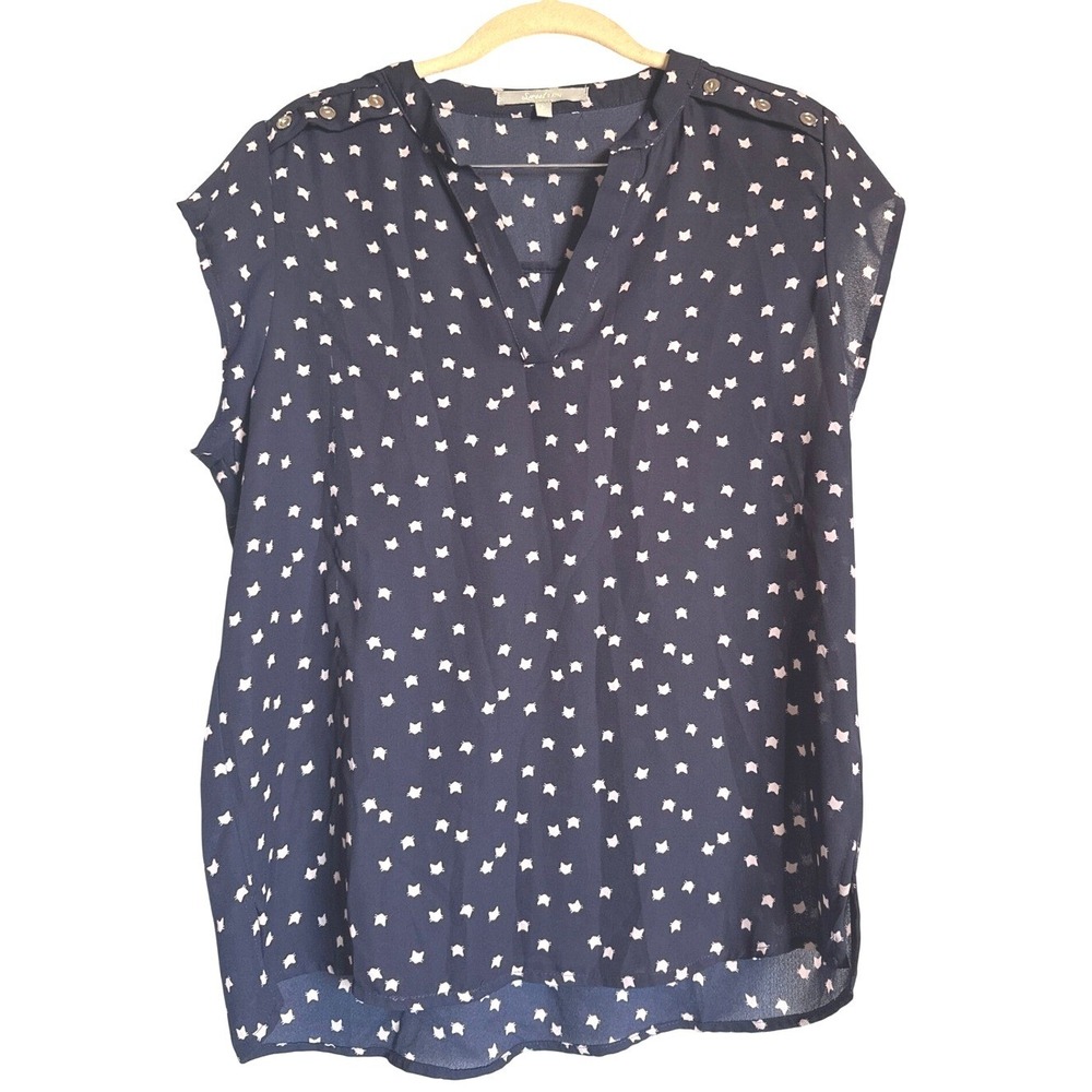 Sweet Rain Large Navy Cat Head Blouse Whimsical Quirky Cat Lover Gold Button